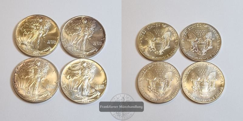  USA 1 Dollar American Silver Eagle LOT 4 Münzen (1989 - 1992) FM-Frankfurt Feinsilber: 124,27g   