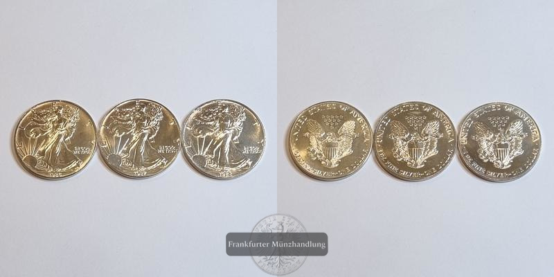  USA 1 Dollar American Silver Eagle LOT 3 Münzen (1986 - 1988) FM-Frankfurt Feinsilber: 93,2g   