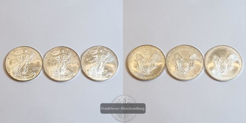  USA 1 Dollar American Silver Eagle LOT 3 Münzen (2007 - 2009) FM-Frankfurt Feinsilber: 93,2g   