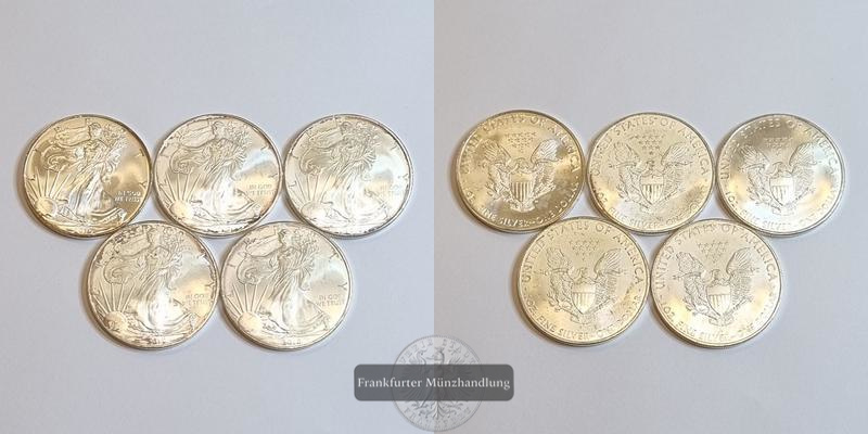  USA 1 Dollar American Silver Eagle 2010 LOT 5 Münzen  FM-Frankfurt Feinsilber: 155,34g   
