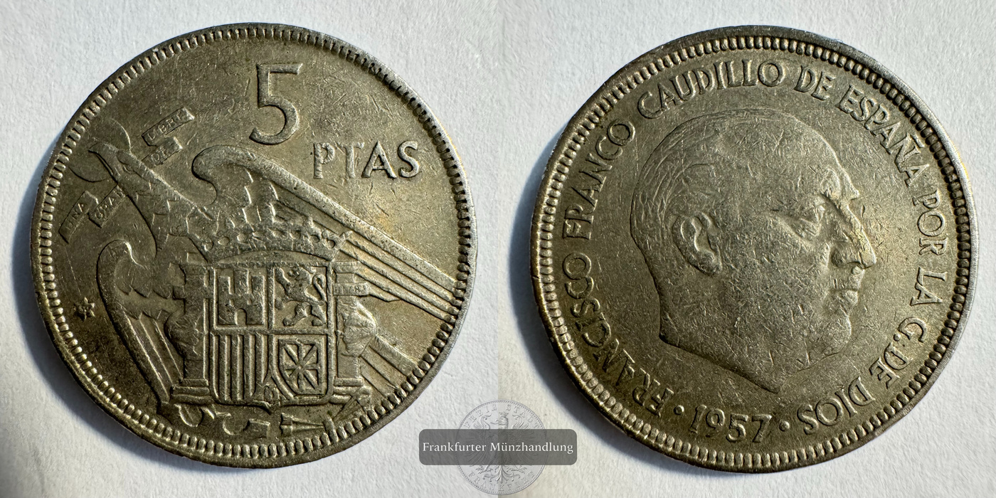  Spanien 5 Pesetas Francisco Franco 1957 (1958-75) FM-Frankfurt KM#786 CuNi: 5,75g   