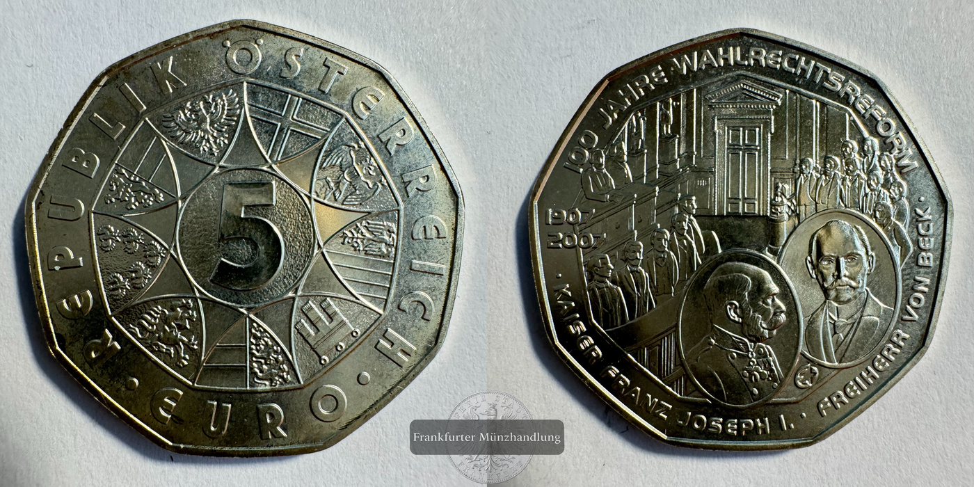  Österreich 5 Euros (Universal Male Suffrage) 2007 FM-Frankfurt KM#3144 Feinsilber: 8g   