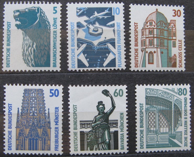  Rare –Germany 1987/1990-Stamp series „Sights”-6 stamps with horizontal back number   
