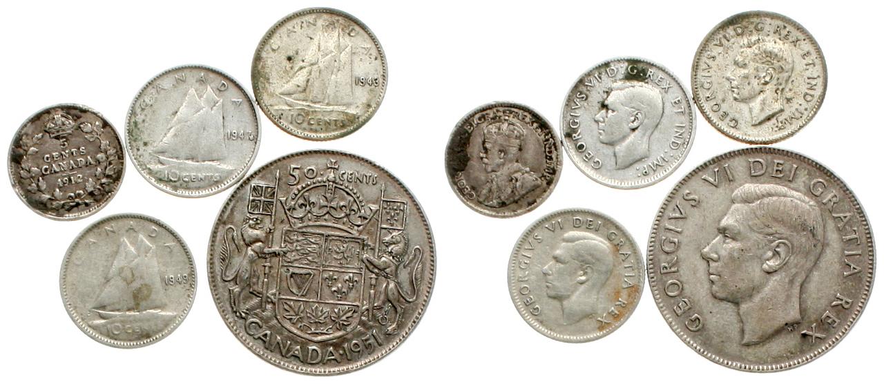  Canada: Lot von 5 Silbermünzen, Georg V, Georg VI, siehe Bilder!   