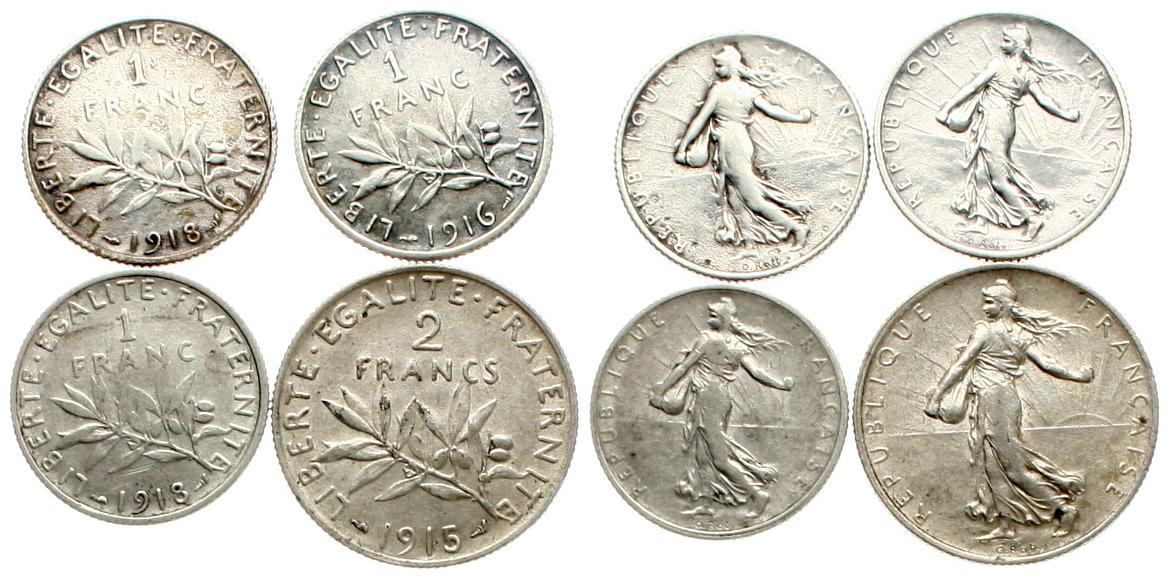  Frankreich: Lot von 4 Silbermünzen, 25 gr. 835er Silber (20,87 gr. fein)   