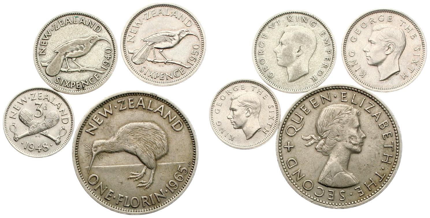  Neuseeland: Lot von 4 Kursmünzen, Georg VI. und Elisabeth II., siehe Bilder!   