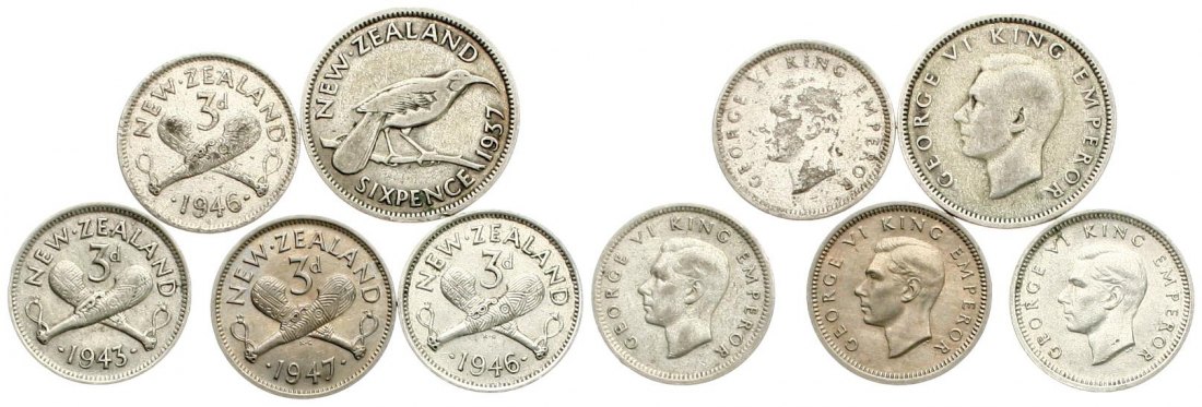  Neuseeland: Lot von 5 Kursmünzen, Georg VI. 4 x Silber!, siehe Bilder!   