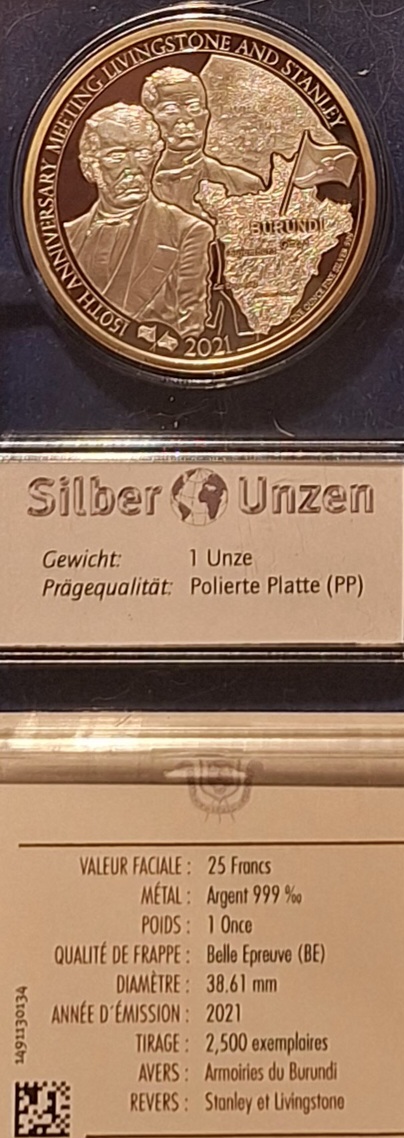 Burundi, 25 Francs, 2021, Stanlay+Livingston, 1oz 999er Silber ex 2500   