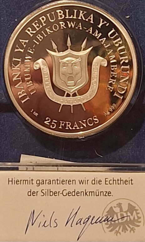  Burundi, 25 Francs, 2021, Stanlay+Livingston, 1oz 999er Silber ex 2500   