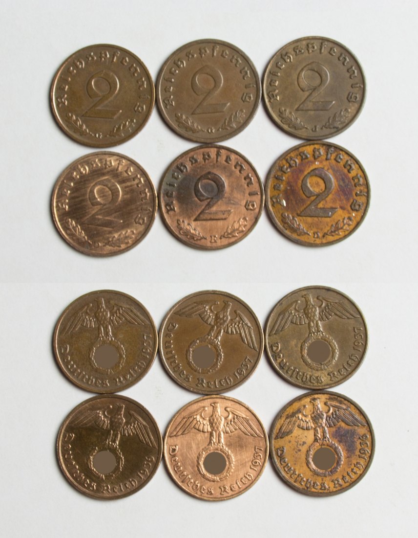  Drittes Reich 1936 - 1937 2 Reichspfennig mit Hakenkreuz   