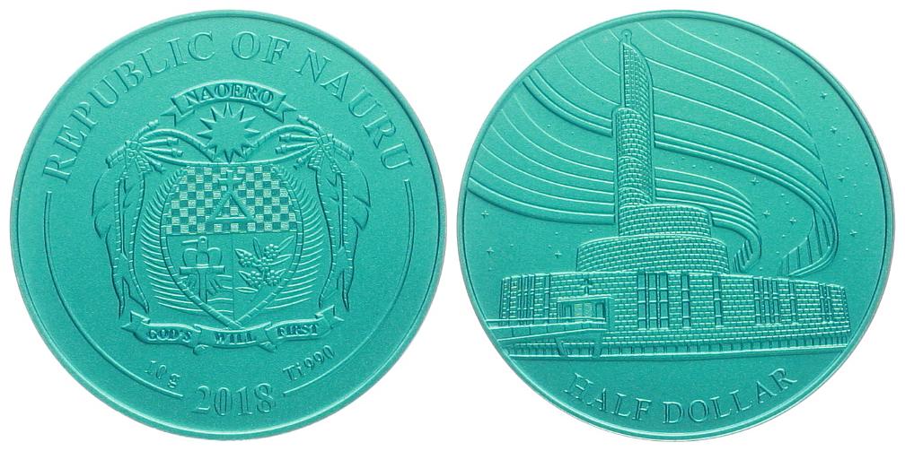  Nauru: 1/2 Dollar 2018, blaues Titan, stgl, SELTEN!   