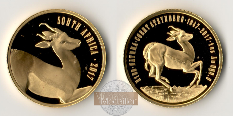 Süd Afrika, Republik seit 1961. MM-Frankfurt Feingold: 31,1g 100 Rand 2017 