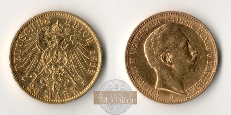 Dt. Kaiserreich Preussen, Wilhelm II. MM-Frankfurt Feingold: 7,17g 20 Mark 1912 A 