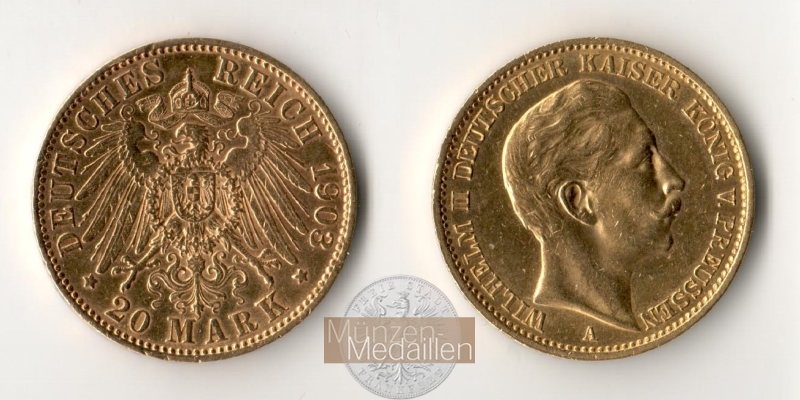 Dt. Kaiserreich. Preussen Wilhelm II. MM-Frankfurt Feingold: 7,17g 20 Mark 1908 A 