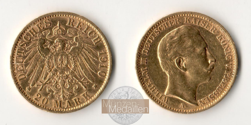 Dt. Kaiserreich. Preussen Wilhelm II. MM-Frankfurt Feingold: 7,17g 20 Mark 1910 A 