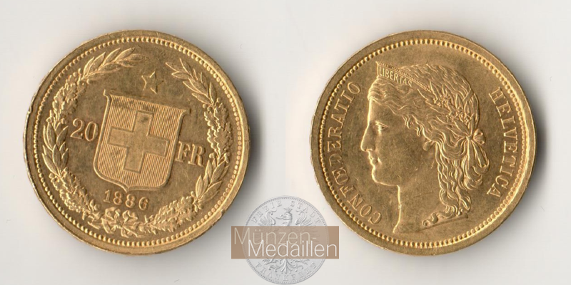Schweiz MM-Frankfurt Feingewicht: 5,81g 20 Francs 1886 