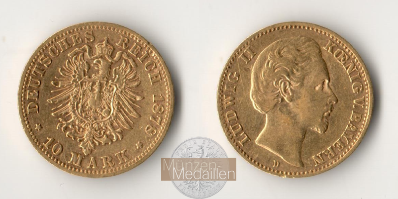 Bayern, Kaiserreich  10 Mark MM-Frankfurt KM#898 Feingold: 3,58g Ludwig II 1878 D 