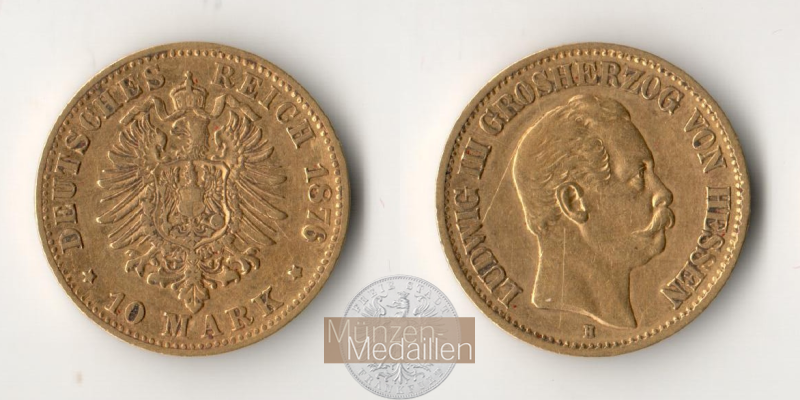 Dt. Kaiserreich. Hessen, Ludwig III. MM-Frankfurt KM#354 Feingold: 3,58g 10 Mark 1876 H 