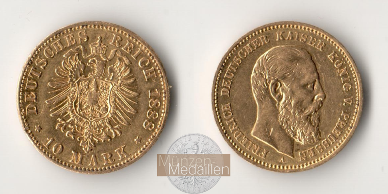 Dt. Kaiserreich Preussen, Friedrich III. MM-Frankfurt Feingewicht: 3,58g Gold 10 Mark 1888 A 