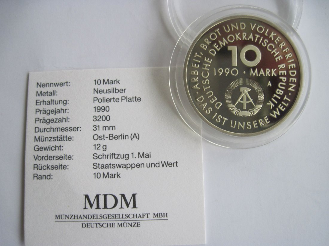  10 Mark DDR Polierte Platte  100 Jahre 1. Mai, 1990 nur 3.200 Stücke, Sehr selten   