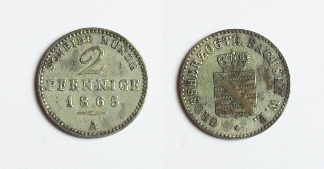  Sachsen-Weimar-Eisenach 2 Pfennig 1865 Carl Alexander 1853-1901 fast vz.   