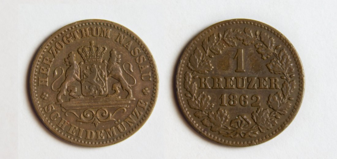  Nassau, Herzogtum 1 Kreuzer 1862 Adolph 1839-1866 ss-vz   