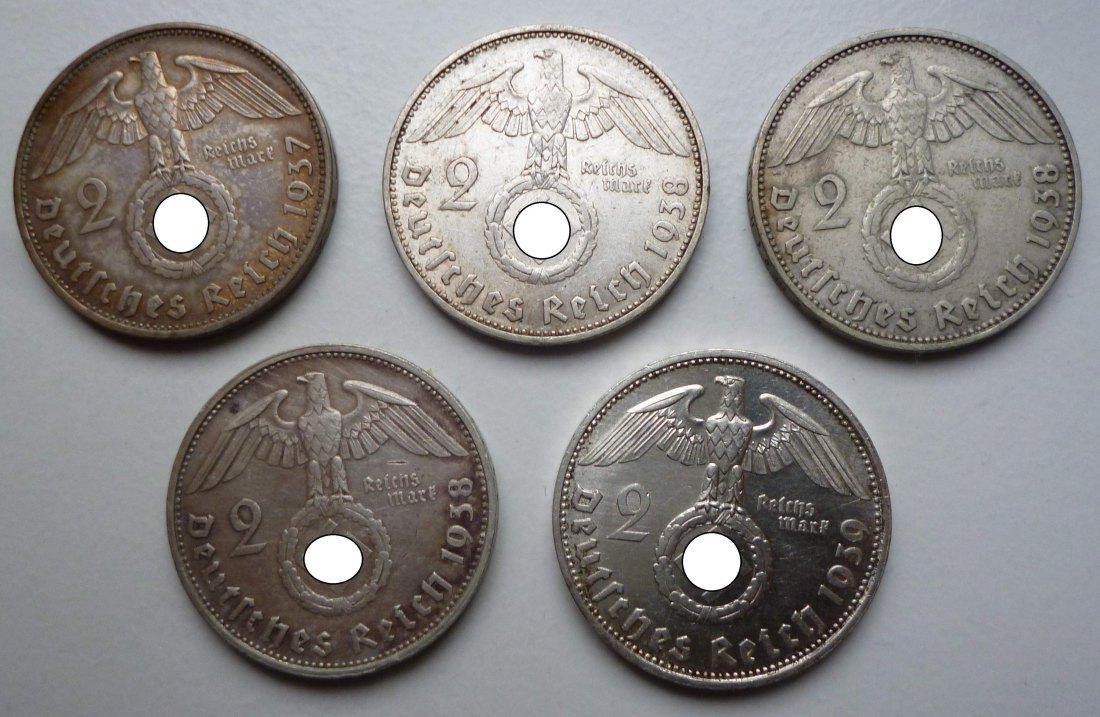  Deutsches Reich 5x 2 Reichsmark Hindenburg 1937-1939 Silber   