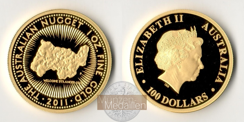 AUSTRALIEN, unab. föd. parl. Monarchie MM-Frankfurt Feingewicht: 31,10g 100 Dollar Nugget 2011 