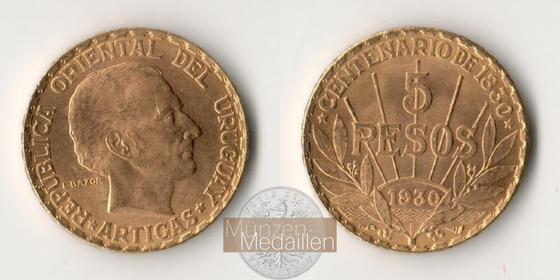 Uruguay MM-Frankfurt Feingewicht: 7,78g 5 Pesos 1930 