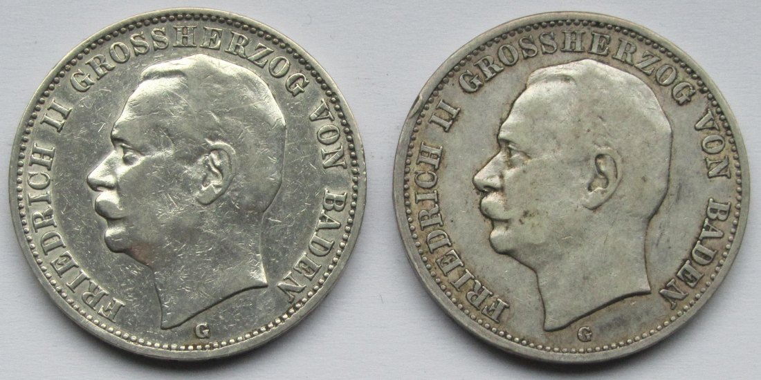  Kaiserreich: Baden, 3 Mark Friedrich II. (Jaeger 39), 2 Stück (1909 + 1912)   