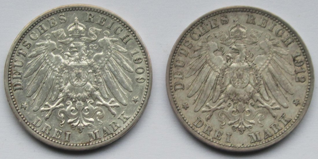  Kaiserreich: Baden, 3 Mark Friedrich II. (Jaeger 39), 2 Stück (1909 + 1912)   