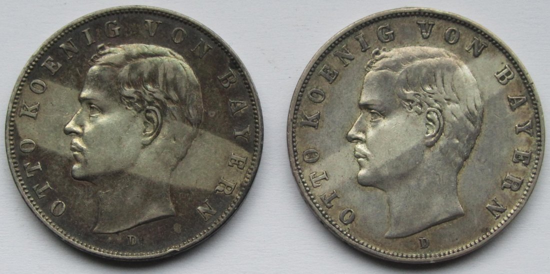  Kaiserreich: Bayern, 3 Mark Otto (Jaeger 47), 2 Stück (1910 + 1912)   