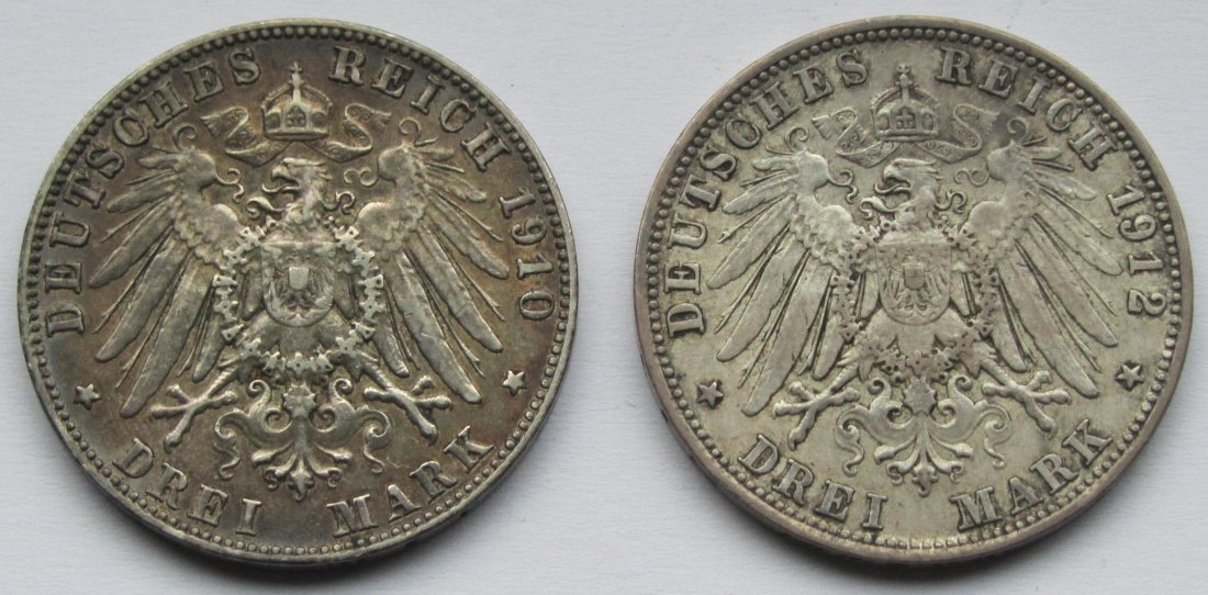  Kaiserreich: Bayern, 3 Mark Otto (Jaeger 47), 2 Stück (1910 + 1912)   