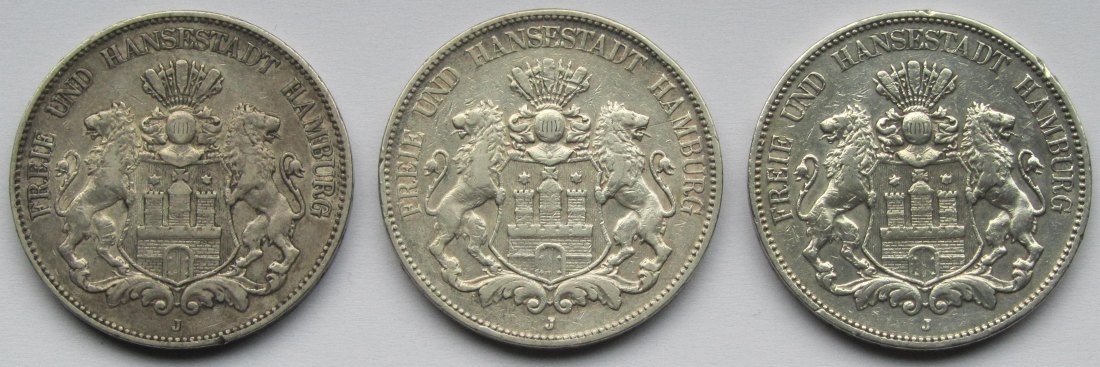  Kaiserreich: Hamburg, 5 Mark (Jaeger 65), 3 Stück (1902 + 1903 + 1907)   