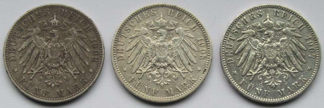  Kaiserreich: Hamburg, 5 Mark (Jaeger 65), 3 Stück (1902 + 1903 + 1907)   