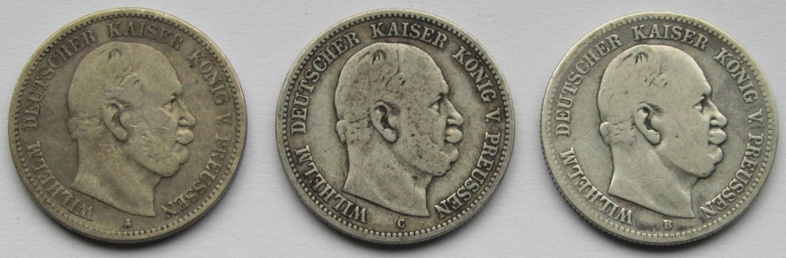  Kaiserreich: Preußen, 2 Mark Wilhelm I. (Jaeger 96), 3 Stück (1876 A + 1876 C + 1877 B)   