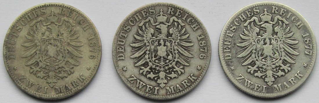  Kaiserreich: Preußen, 2 Mark Wilhelm I. (Jaeger 96), 3 Stück (1876 A + 1876 C + 1877 B)   