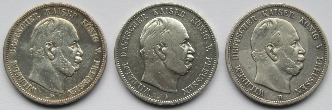  Kaiserreich: Preußen, 5 Mark Wilhelm I. (Jaeger 97), 3 Stück (1875 B + 1876 A + 1876 B)   