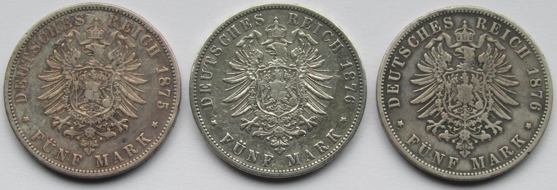  Kaiserreich: Preußen, 5 Mark Wilhelm I. (Jaeger 97), 3 Stück (1875 B + 1876 A + 1876 B)   