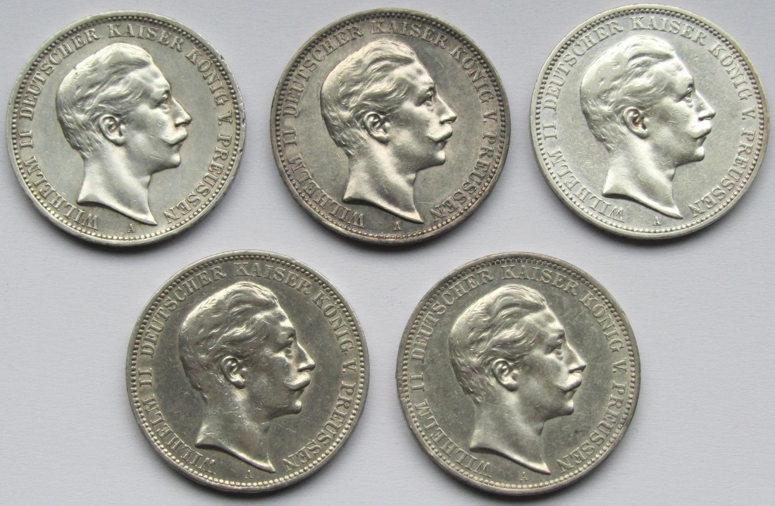  Kaiserreich: Preußen, 3 Mark Wilhelm II. (Jaeger 103), 5 Stück (1908-1912)   