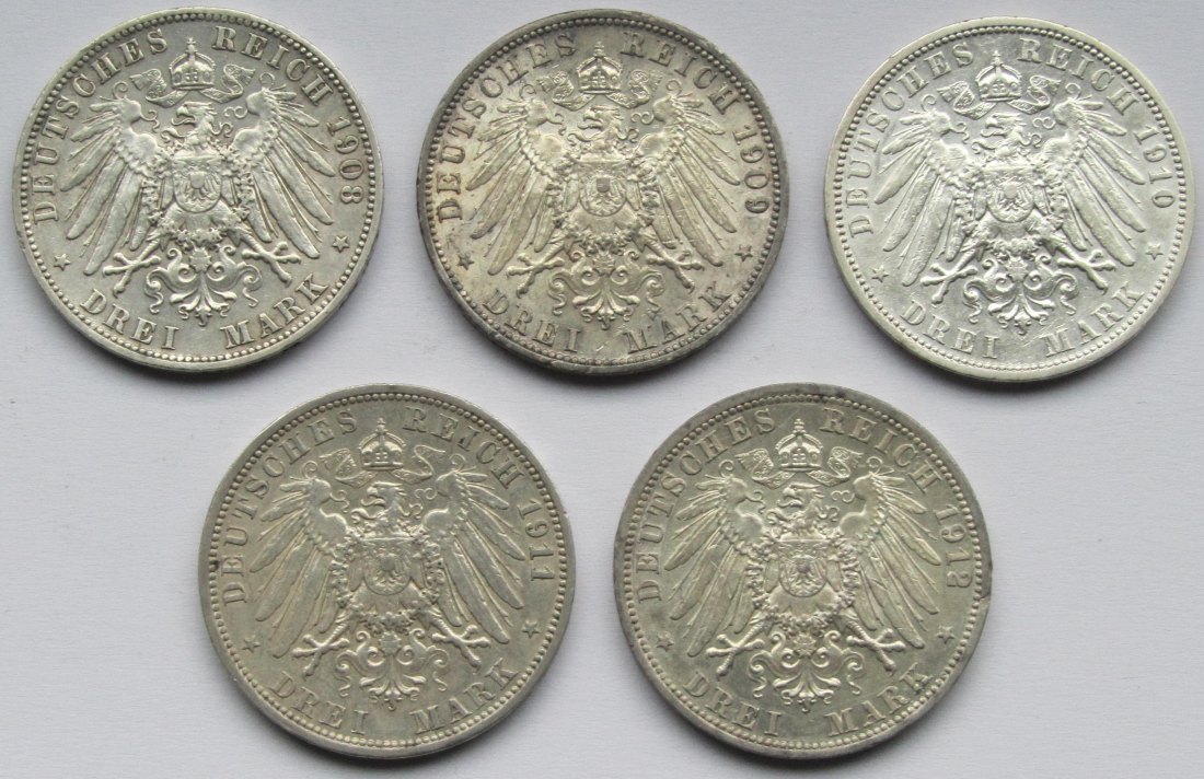  Kaiserreich: Preußen, 3 Mark Wilhelm II. (Jaeger 103), 5 Stück (1908-1912)   