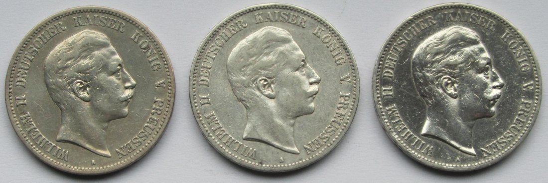  Kaiserreich: Preußen, 5 Mark Wilhelm II. (Jaeger 104), 3 Stück (1899 + 1903 + 1907)   