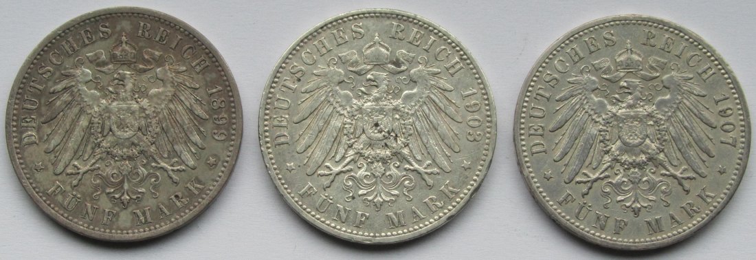  Kaiserreich: Preußen, 5 Mark Wilhelm II. (Jaeger 104), 3 Stück (1899 + 1903 + 1907)   