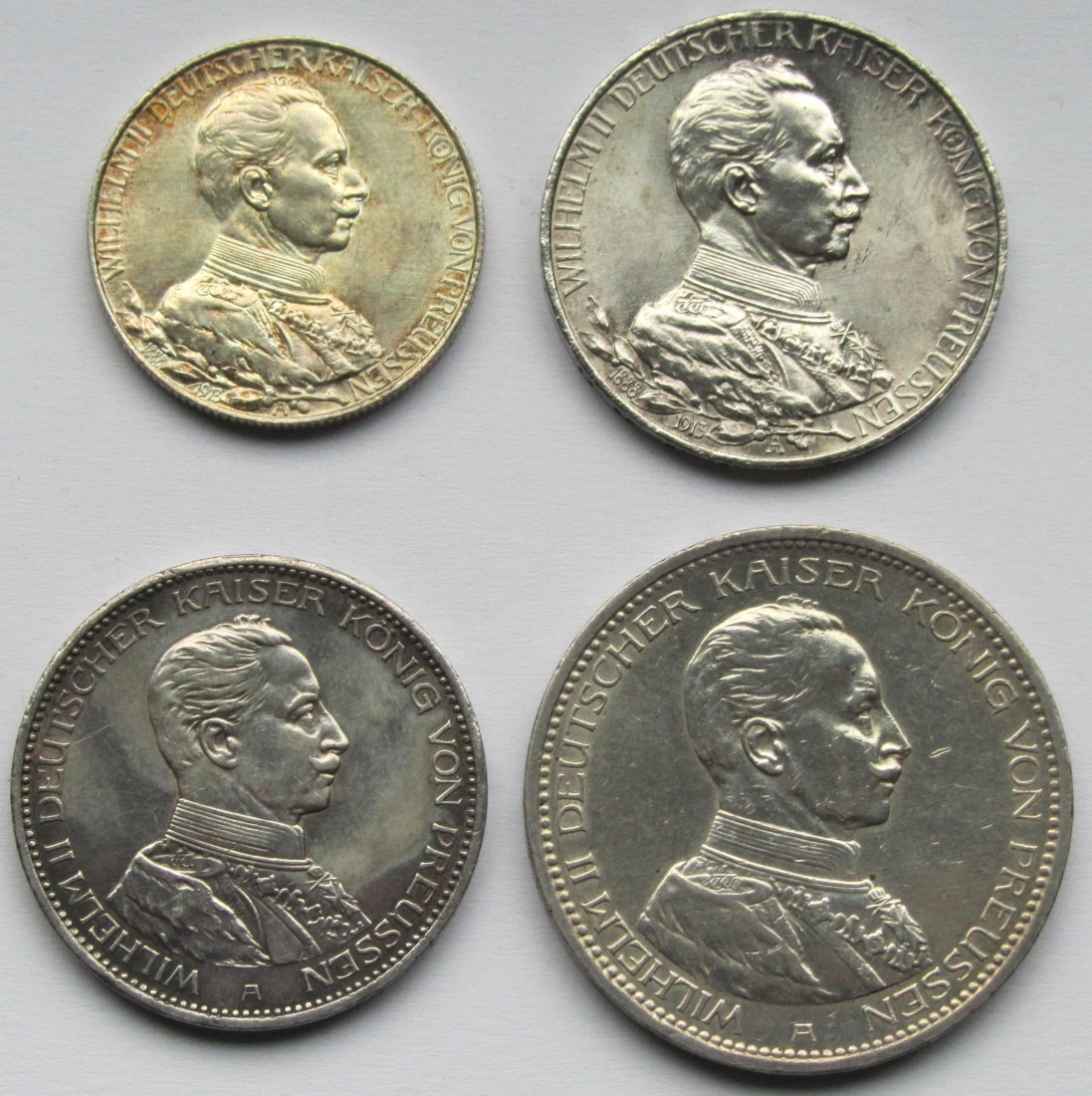  Kaiserreich: Preußen, 2 + 3 + 3 + 5 Mark Wilhelm II. in Uniform 1913/1914   