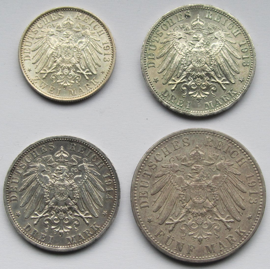  Kaiserreich: Preußen, 2 + 3 + 3 + 5 Mark Wilhelm II. in Uniform 1913/1914   