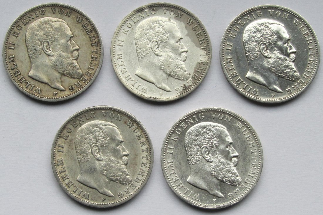  Kaiserreich: Württemberg, 3 Mark Wilhelm II. (Jaeger 175), 5 Stück (1909-1912 + 1914)   