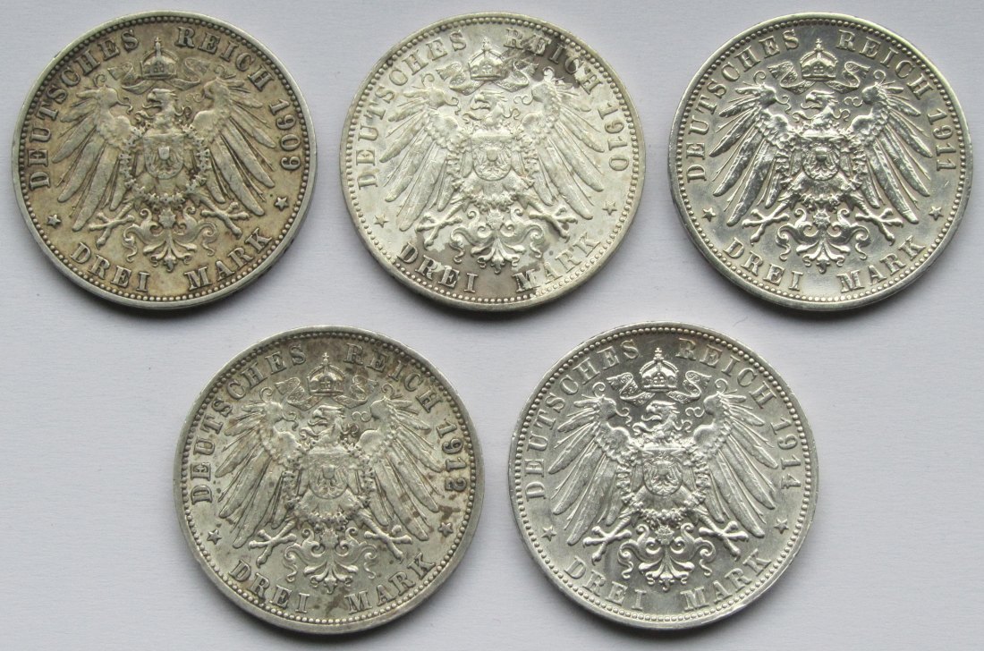  Kaiserreich: Württemberg, 3 Mark Wilhelm II. (Jaeger 175), 5 Stück (1909-1912 + 1914)   