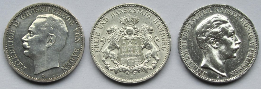  Kaiserreich: Drei verschiedene 3 Mark   
