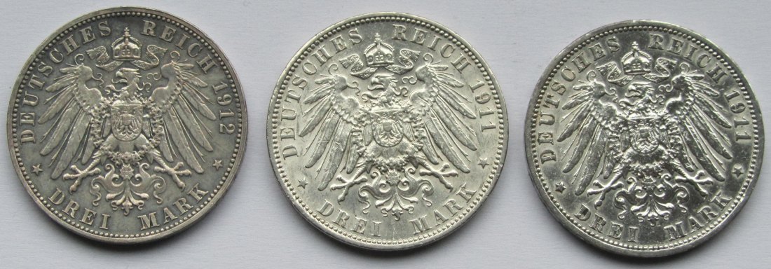  Kaiserreich: Drei verschiedene 3 Mark   