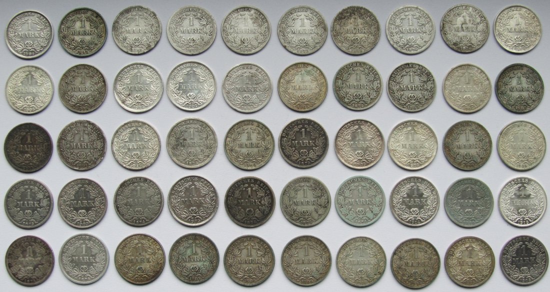  Kaiserreich: 50 x 1 Mark, zusammen 250 g Feinsilber   